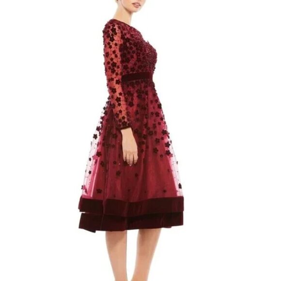 Mac‎ Duggal Embellished Floral Velvet Long Sleeve Dress Burgundy 16 - Picture 2 of 10
